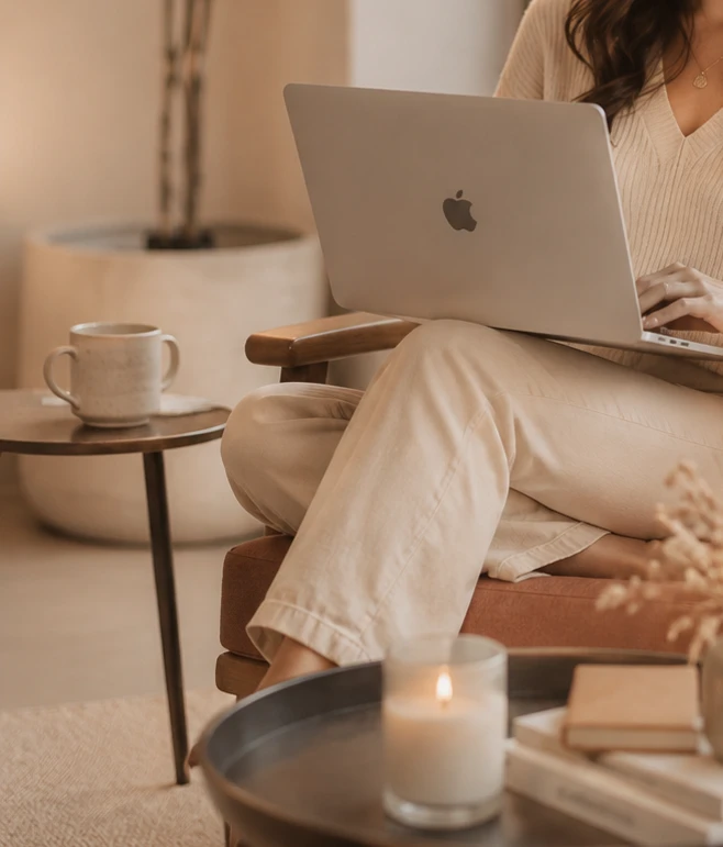 A woman attending a virtual therapy session from home